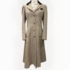 SOLD 60s Jill Jr. S/M Wool Blend Tan Longline Fit & Flare Coat Velvet Collar USA